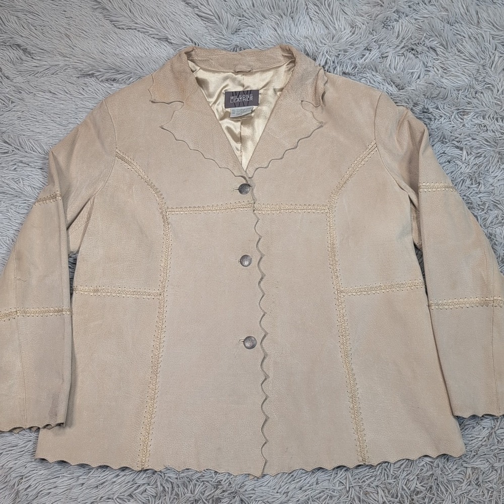 Wilsons Jacket Womens XL Biege Leather Suede Coat Button Up Soft Preppy Comfy